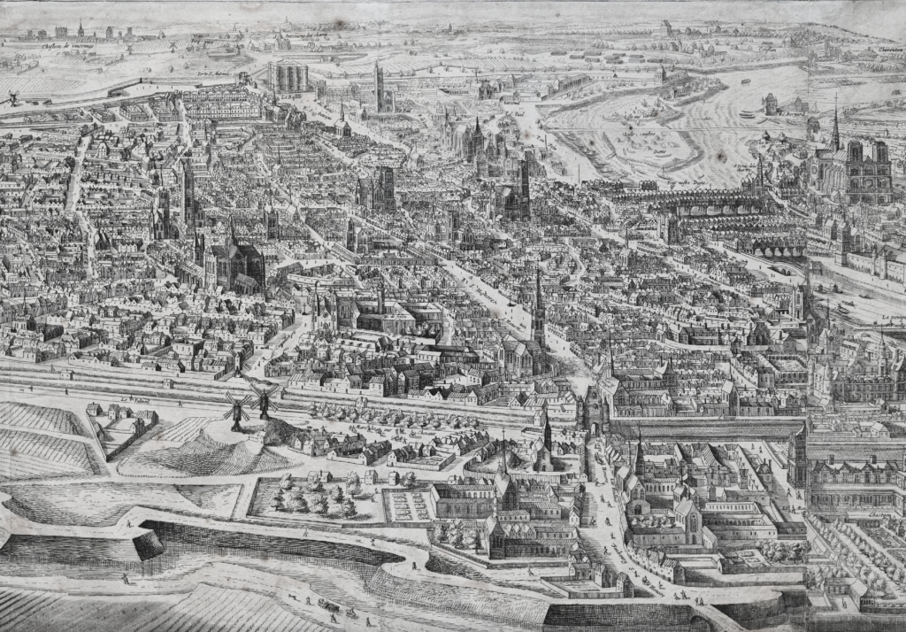 Rive droite du Plan de Paris de 1617. On trouve beaucoup de monuments comme le Louvre, L'enceinte Charles V, la Bastille, et des églises.